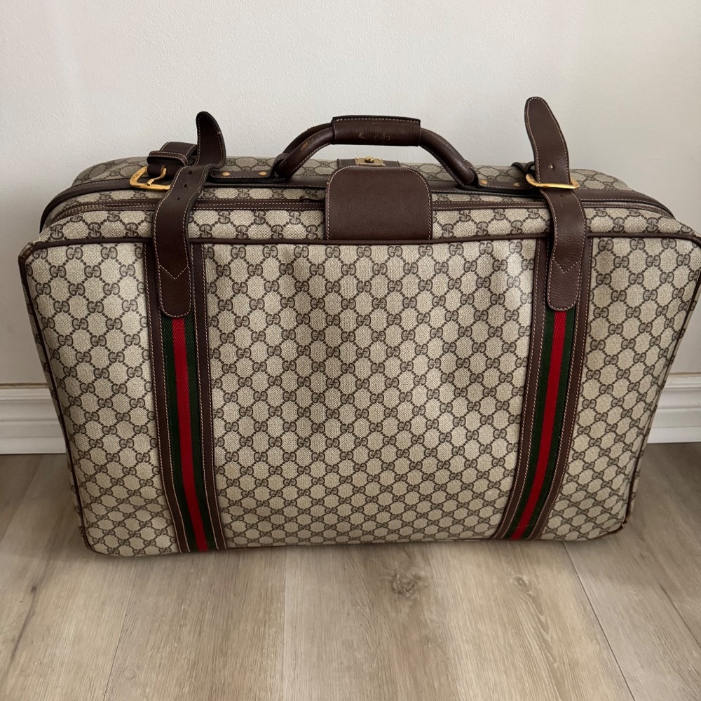 Vintage 1970 Gucci GG Supreme Suitcase Web Stripe Monogram Canvas Gold Closure - Picture 5 of 15